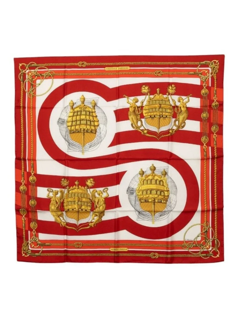 Hermes Carre 90 Chateaux D'arriere Scarf Red Silk